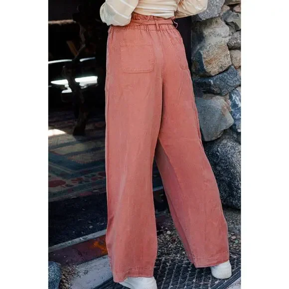 Ces Femme Wide Leg Paper Bag High Rise Rust Color Lyocell Pants Women Sz M - Picture 9 of 9